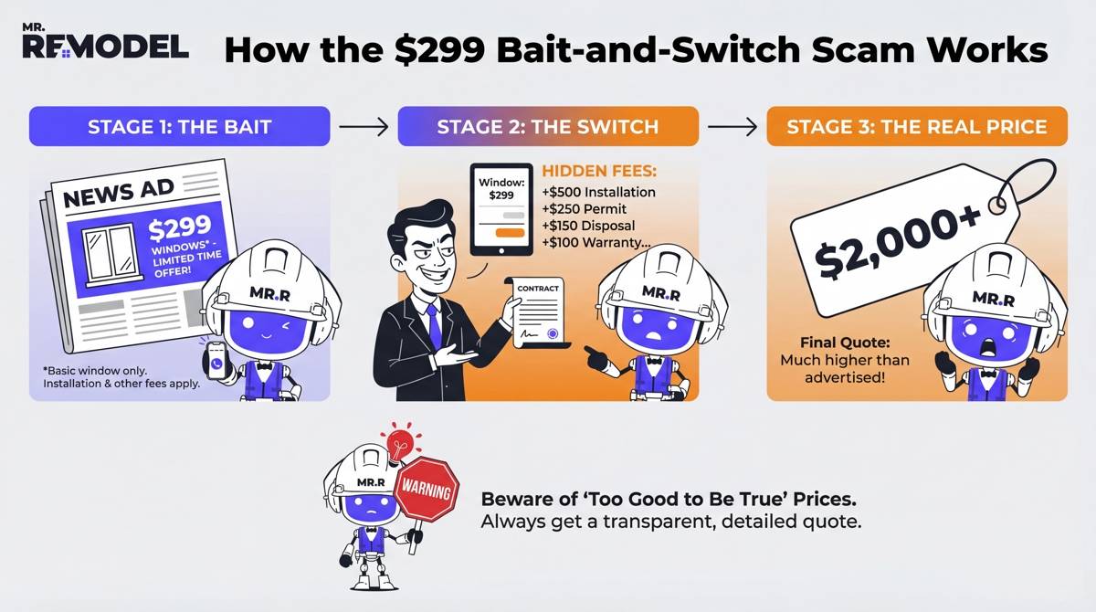 A storyboard infographic illustrating the common bait-and-switch scam, showing how a low-cost advertisement can lead to thousands of dollars in hidden fees.